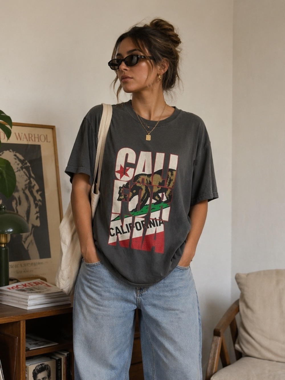 Grey California Graphic Print Short Sleeve Tee Shirt M